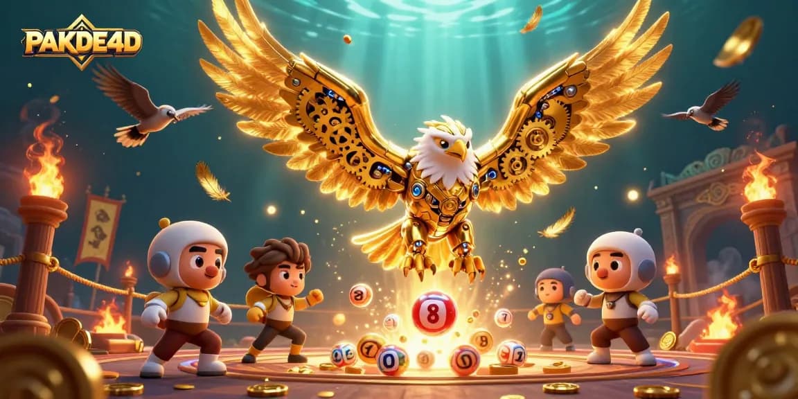 Engage with PAKDE4D and experience a vibrant lottery scenery with golden eagle and dynamic elements.