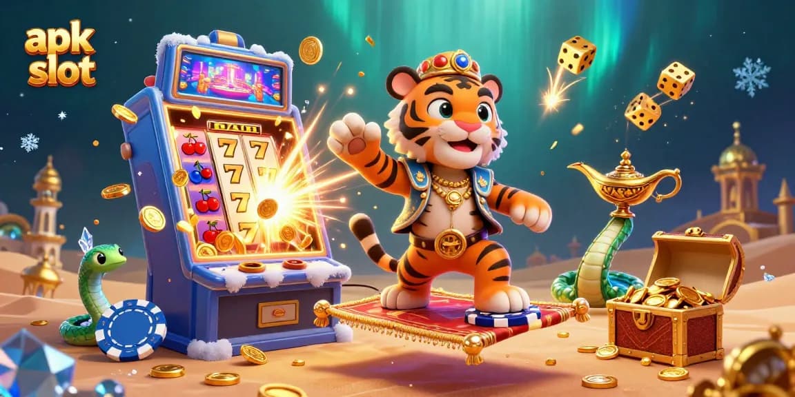 Semua orang menikmati apk slot dengan mesin slot raksasa meledak mengeluarkan koin dan cahaya.