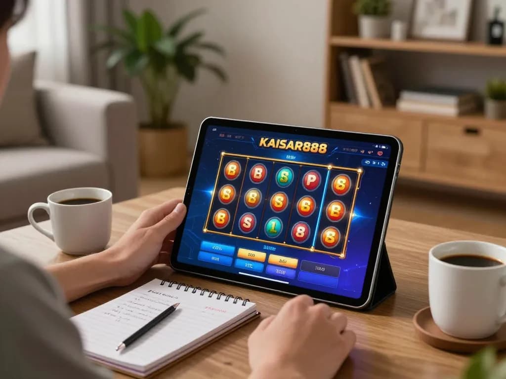 Kaisar888 online gaming experience featuring a player engaged with a tablet showing slot game in cozy setting.