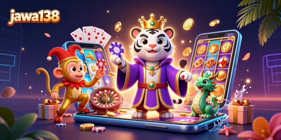 Jawa138 memperkenalkan ilustrasi kasino 3D dengan harimau putih, monyet, dan naga, dikelilingi elemen permainan.