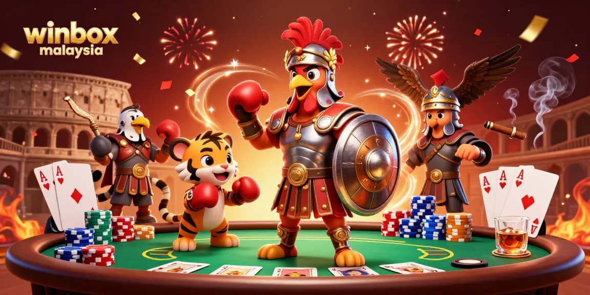Winbox Malaysia offers exciting poker action with a vibrant 3D casino scene featuring a rooster and a cub.