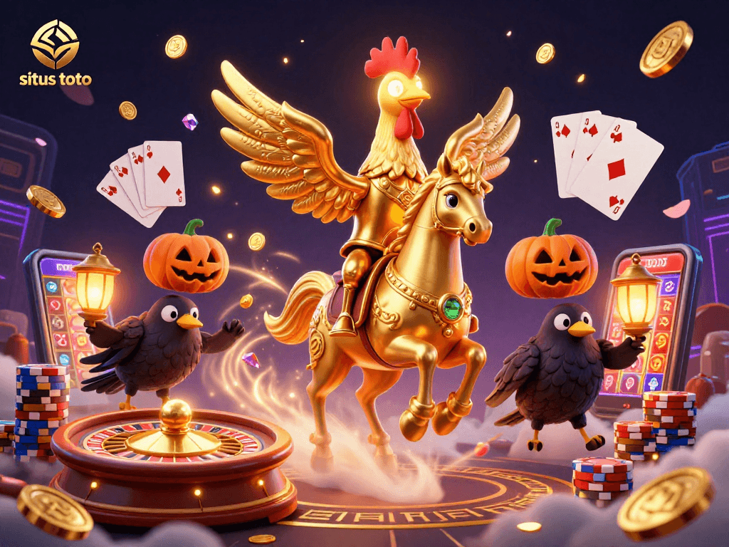 Gambarkan situs toto sebagai arena perjudian dengan pemain emas dan efek cahaya yang menawan, menjanjikan keseruan.
