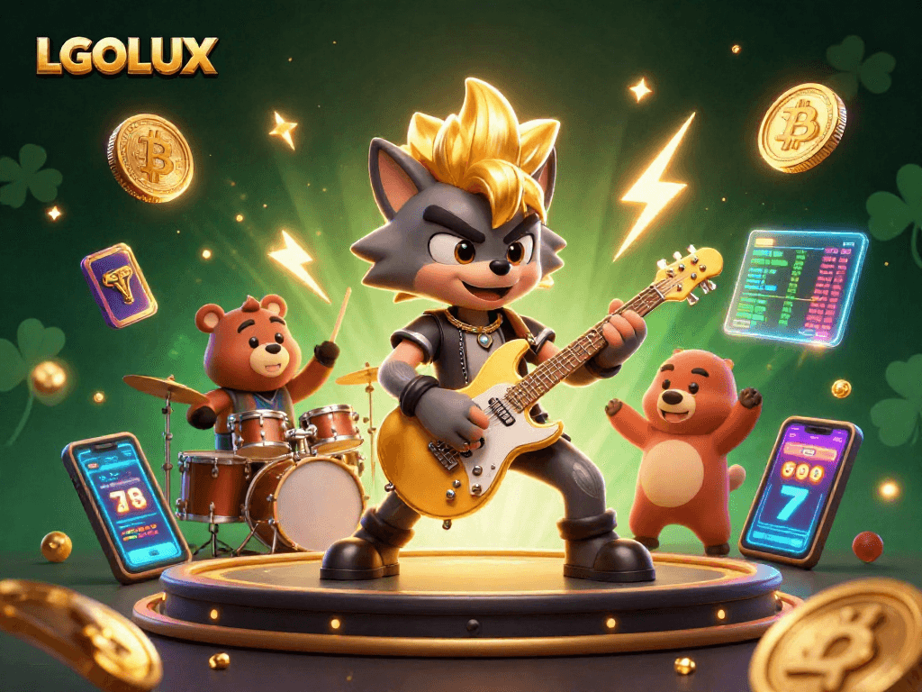 Experience the winning moments at LGOLUX with animated characters celebrating over sparkling casino elements.
