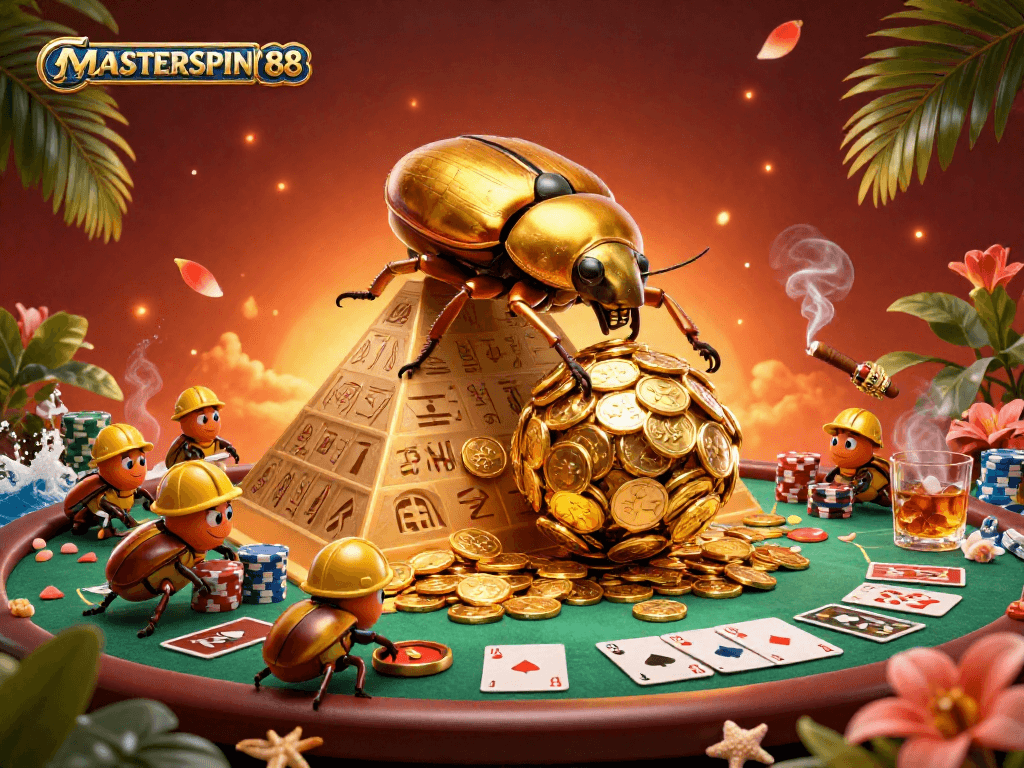 MASTERSPIN188 showcases a vibrant 3D illustration of a golden beetle in a casino scene with poker elements.