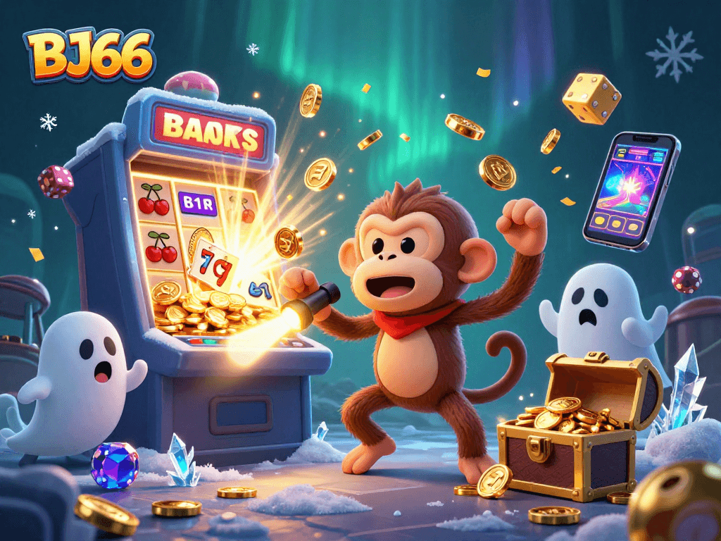 Experience thrilling action at BJ66 with a mischievous poltergeist monkey juggling casino treasures.