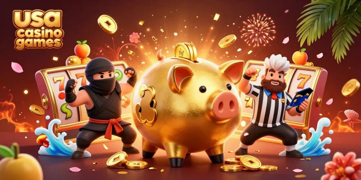 Engage in fun usa casino games with a golden piggy bank sumo wrestler amidst slots and vibrant casino elements.