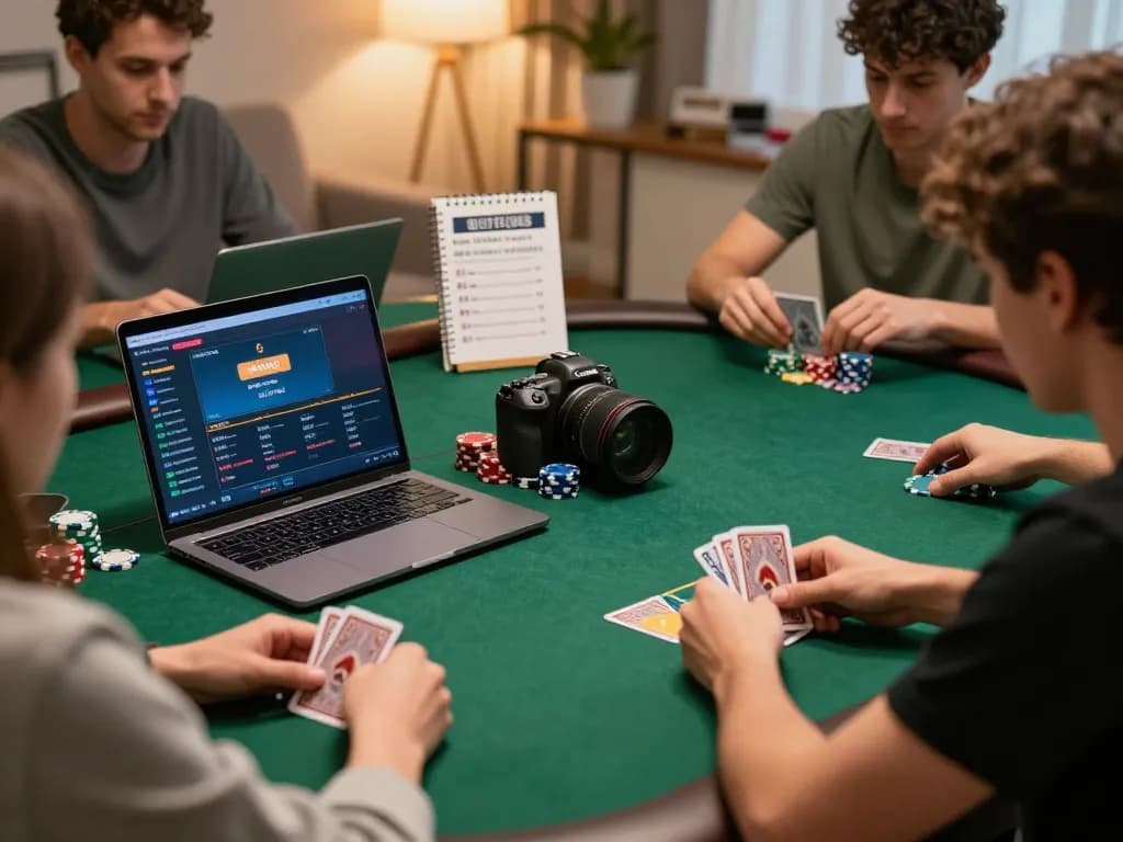 Players strategizing in an online poker game with joylink free kredit as they analyze their cards.