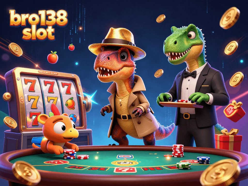 Experience the excitement of bro138 slot with a dynamic 3D cartoon scene featuring playful characters at a casino.
