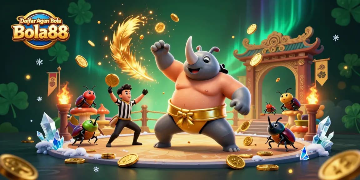 Bet on Daftar Agen Bola Bola88 with a powerful sumo champion beetle, gold coins, and vibrant energy