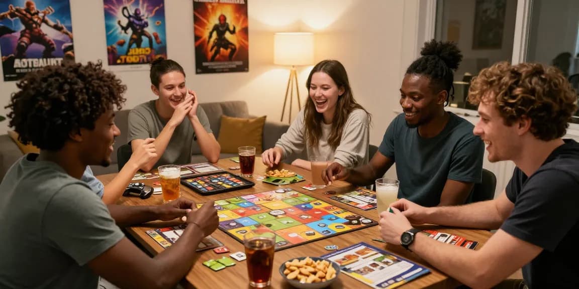Kelompok teman bermain game dengan semangat tinggi, menjelajahi dunia predict play dalam suasana hangat dan menyenangkan.