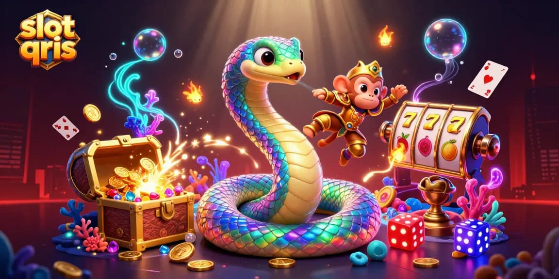 Play exciting slot qris games with colorful reels and shimmering treasures in this vibrant illustration.