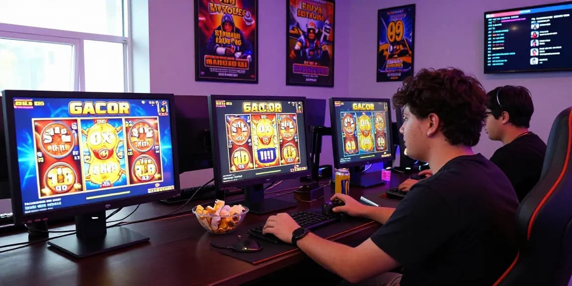 Exciting player engaged with slot gacor games on multiple screens.