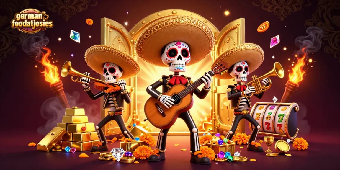 Engage with the vibrant gaming experience at germanfoodatjosies with a lively skeleton mariachi band amidst a treasure scene.