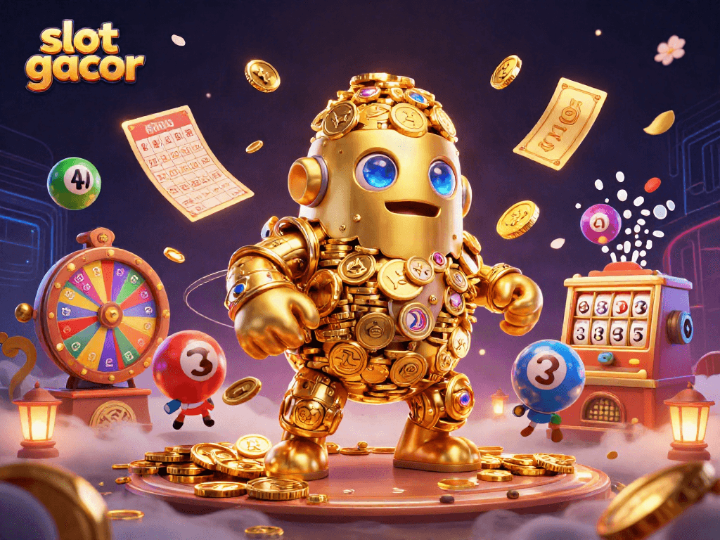 Engage with slot gacor through an enchanting vibrant 3D casino illustration showcasing dynamic gambling elements.