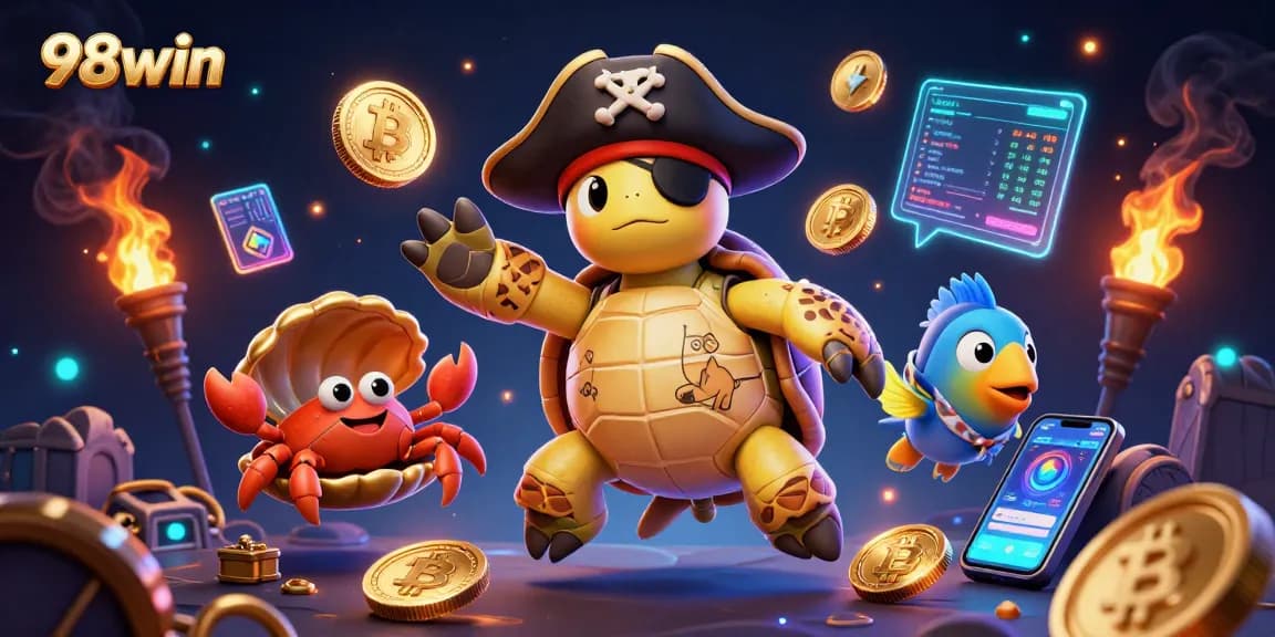 Experience the thrill of winning with 98win's vibrant gaming scene featuring thrilling characters and crypto elements.
