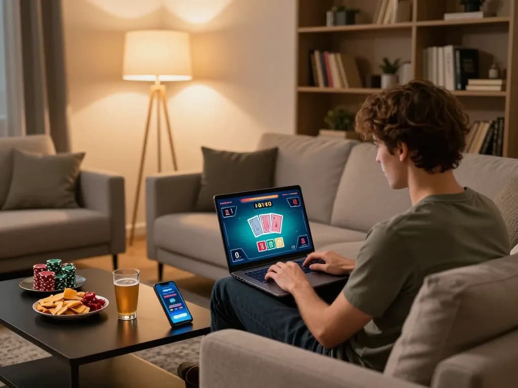 Terlibat dalam permainan poker langsung secara online di rumah menggunakan alexis500 untuk strategi.
