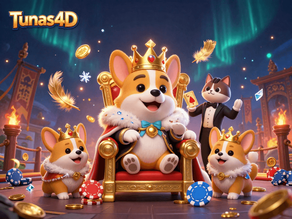 Tunas4D invites you to experience a lively casino scene with cartoon characters and golden decor.