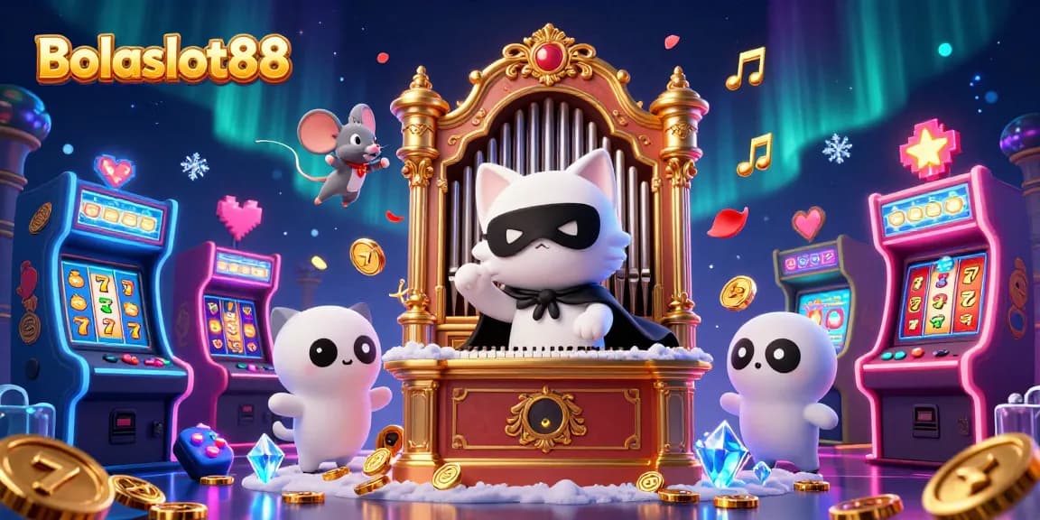 Bolaslot88 offers a colorful casino scene with a phantom cat and gaming elements, inviting players to win.