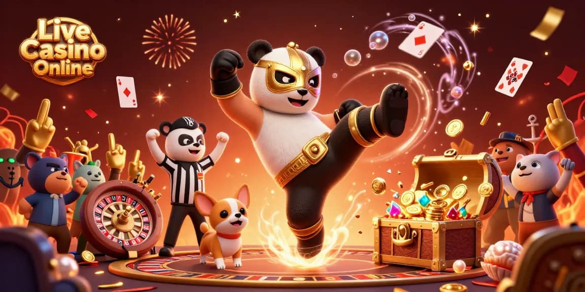 Experience thrilling Live Casino Online action with a vibrant 3D panda wrestler and energetic animal spectators.