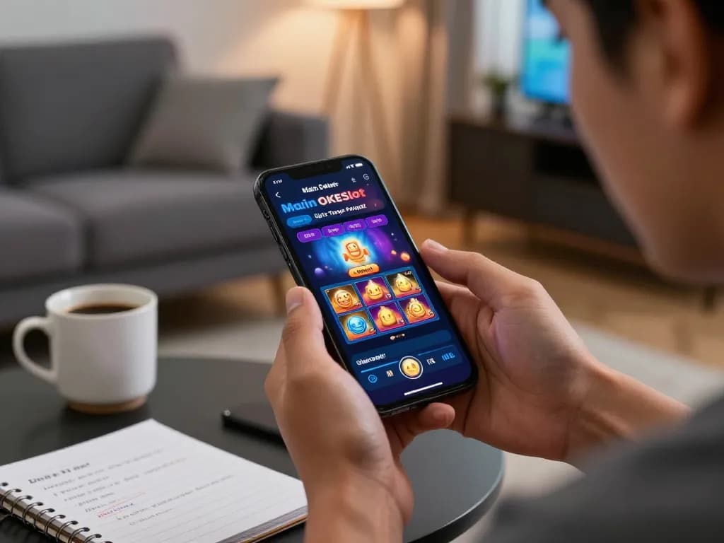 Main OKESlot Deposit Qris Tanpa Potongan permainan di smartphone dalam pengaturan ruang tamu yang nyaman.