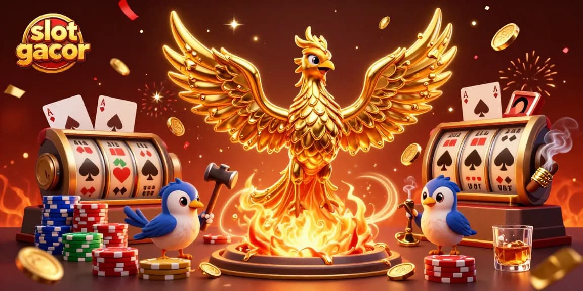 Spin the slot gacor reels alongside a molten golden phoenix and vibrant casino elements.