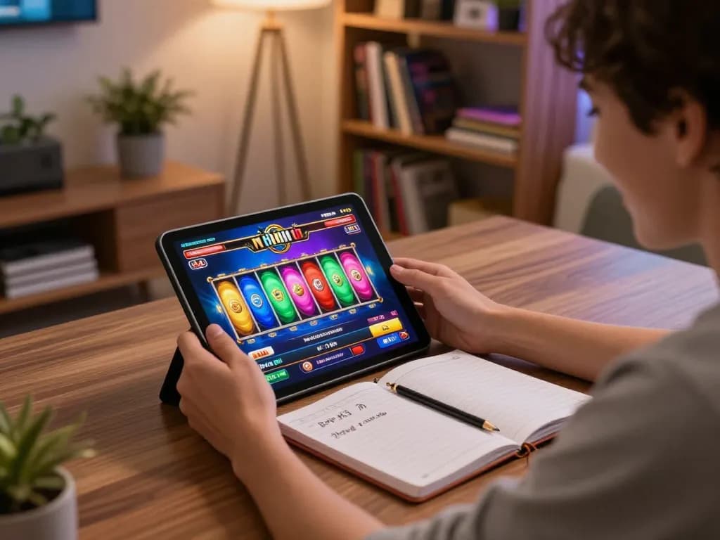 Engaging with nổ hũ game on a tablet at home, showcasing a cozy online gambling atmosphere.