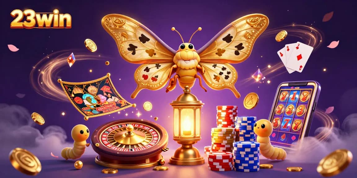 Experience excitement with 23win as the colorful casino scene unfolds in this vibrant illustration.