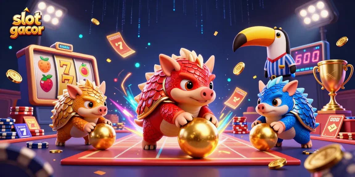 Slot gacor: dua pangolin bertanding di kasino dengan koin emas dan kartu taruhan