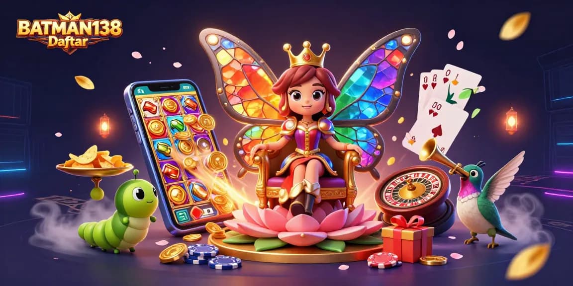 Engage with BATMAN138 Daftar and enjoy vibrant casino gaming featuring a cartoon butterfly queen.