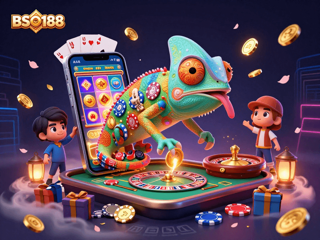 BSO188 captures gamblers' excitement as a chameleon casino owner interacts with vibrant gaming elements.