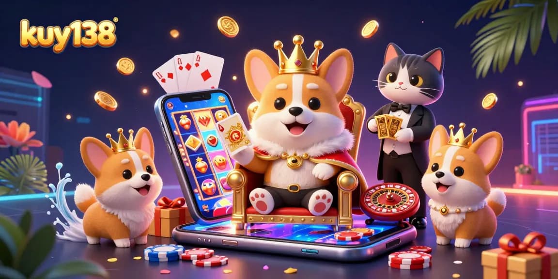 Gambarkan kuy138 dengan raja corgi di atas takhta chip poker, dikelilingi elemen slot dan roulette.