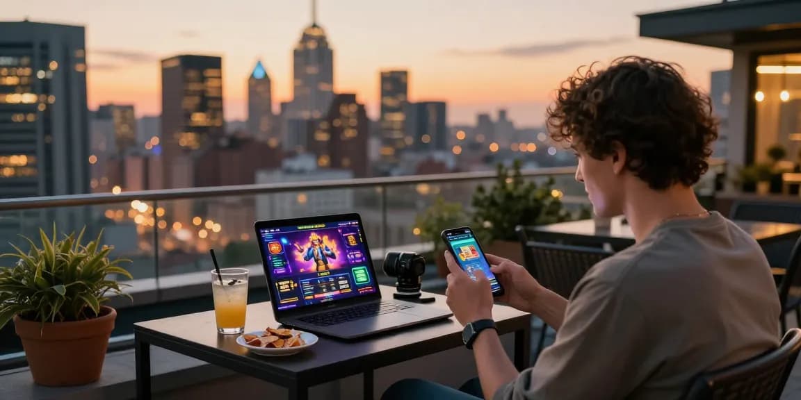 Pria bermain game slot online neng4d di rooftop dengan pemandangan kota saat matahari terbenam, suasana ceria dan nyaman.