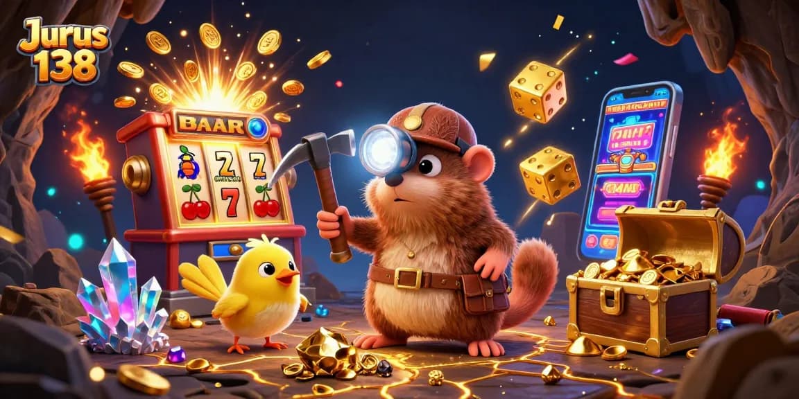 Jurus 138 showcases a vibrant treasure hunter scene with slot symbols and glowing elements.