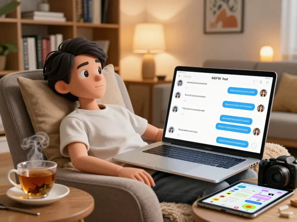 Interactive NSFW AI chat scene showing user engaging with a digital avatar interface in a cozy home setting.