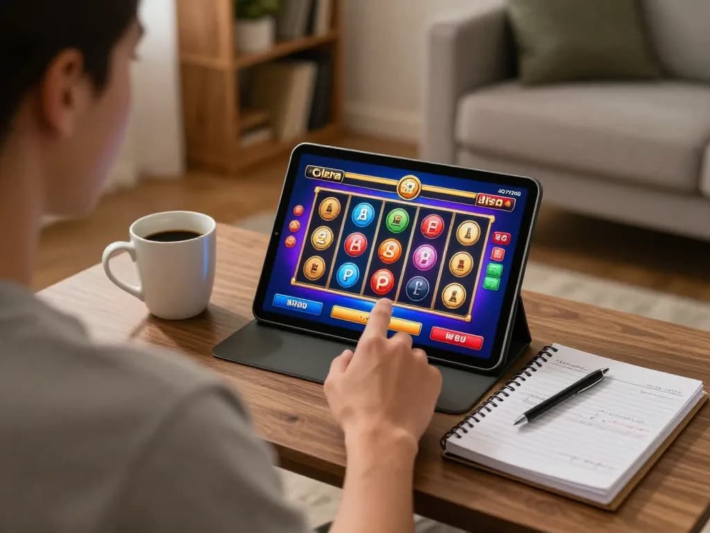 Player spinning slot pulsa reels on a tablet in a cozy home setting