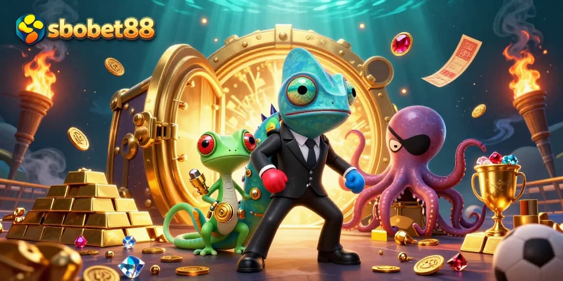 Experience sbobet88's thrilling action with a dynamic scene of vibrant characters and sports betting elements.