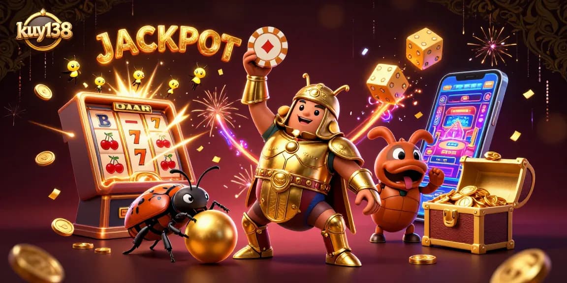 Kuy138 memicu kemeriahan jackpot dengan ilustrasi 3D, menggambarkan kegembiraan permainan slot.