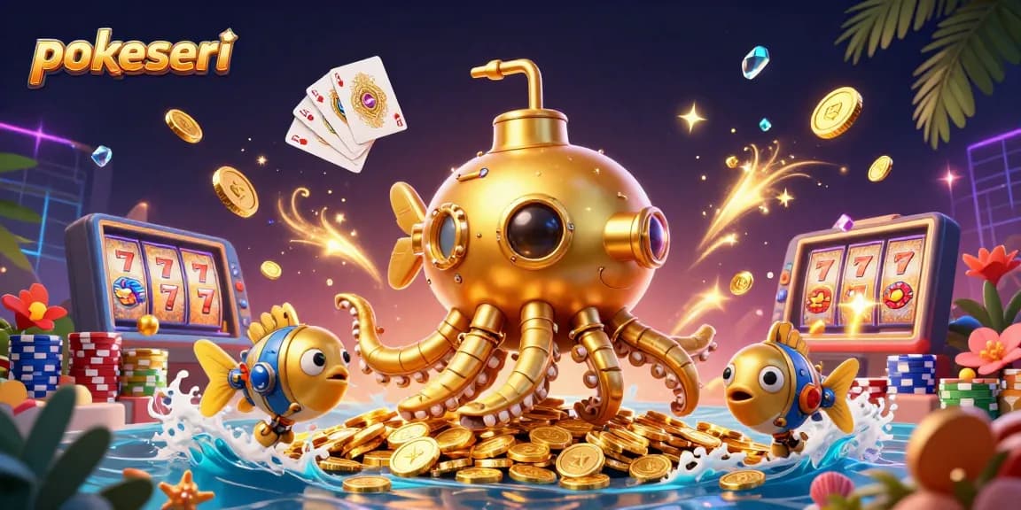 Permainan poker yang menarik di pokerseri dengan kerang emas dan kartu royal flush bersinar.