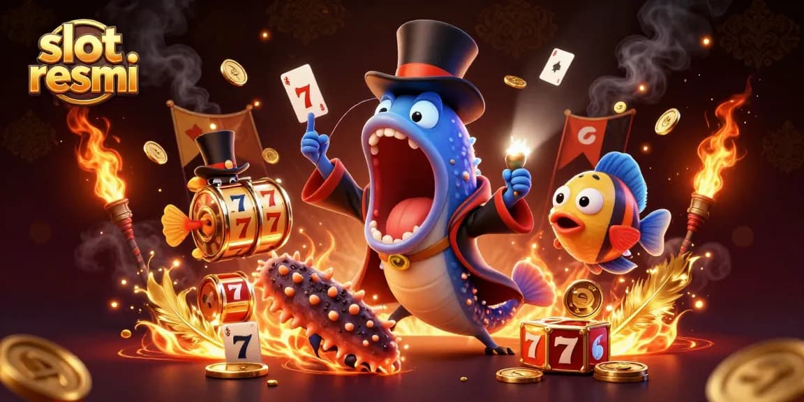 Slot resmi menampilkan ikan gulper dan ikan pemancing di arena perjudian yang penuh warna.