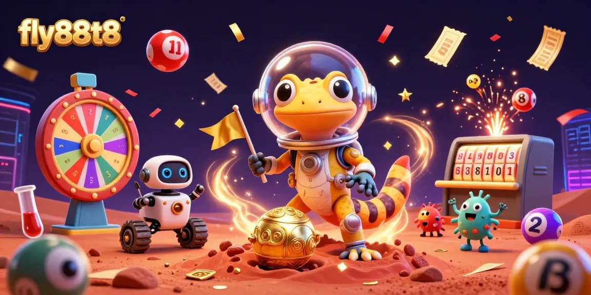 Fly88t8 showcases a vibrant 3D scene with a Martian gecko discovering a golden casino.