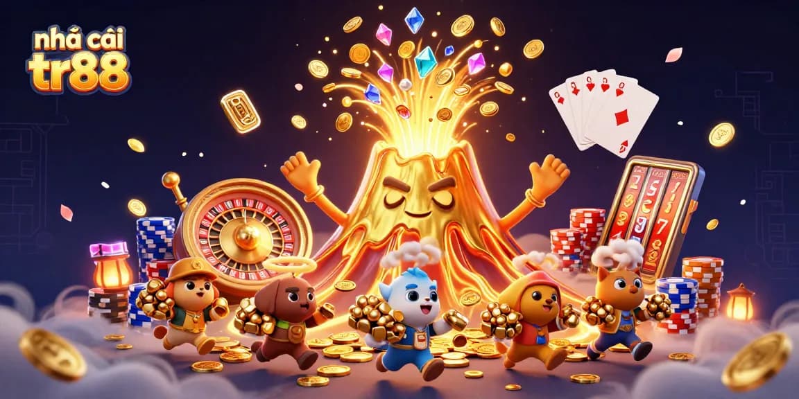 Play exciting games at nhà cái tr88 with animated golden volcano erupting coins and treasures.