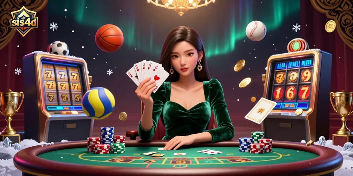 Sis4d menghadirkan adegan poker yang menakjubkan dengan pemain yang fokus di tengah elemen slot yang terbang, meningkatkan pengalaman permainan Anda.