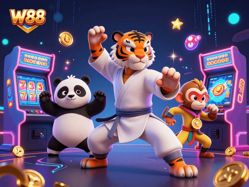 Experience exciting gameplay with W88's vibrant casino scene featuring animated characters and gaming elements.