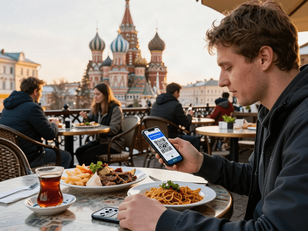 Pembayaran QR di Rusia dengan https://payinrussia.com/ di kafe yang menampilkan arsitektur tradisional.