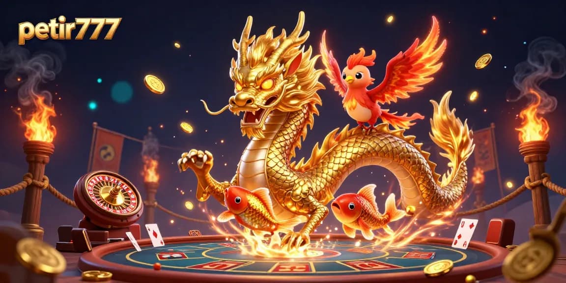 Experience exciting gameplay with petir777 featuring a golden dragon, phoenix, and koi fish in a dynamic live casino scene.