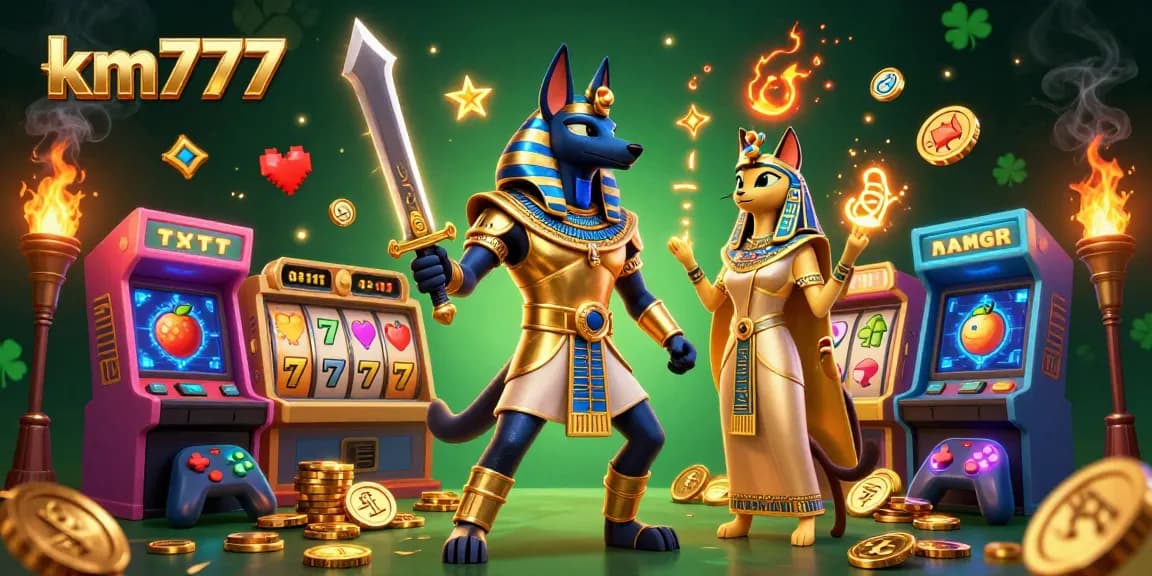 Spin the reels at km777 Casino with Anubis and Bastet amidst golden jackpots and vibrant game machines.