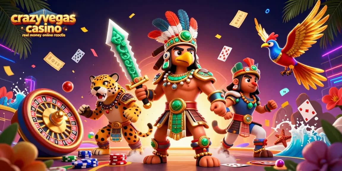 Spin with excitement at crazyvegas casino real money online roulette featuring vibrant characters and casino elements.
