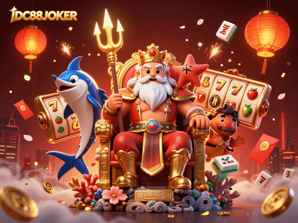 Experience thrilling gaming excitement with IDC88JOKER, showcasing vibrant slot reels and characters in a magical 3D setting.