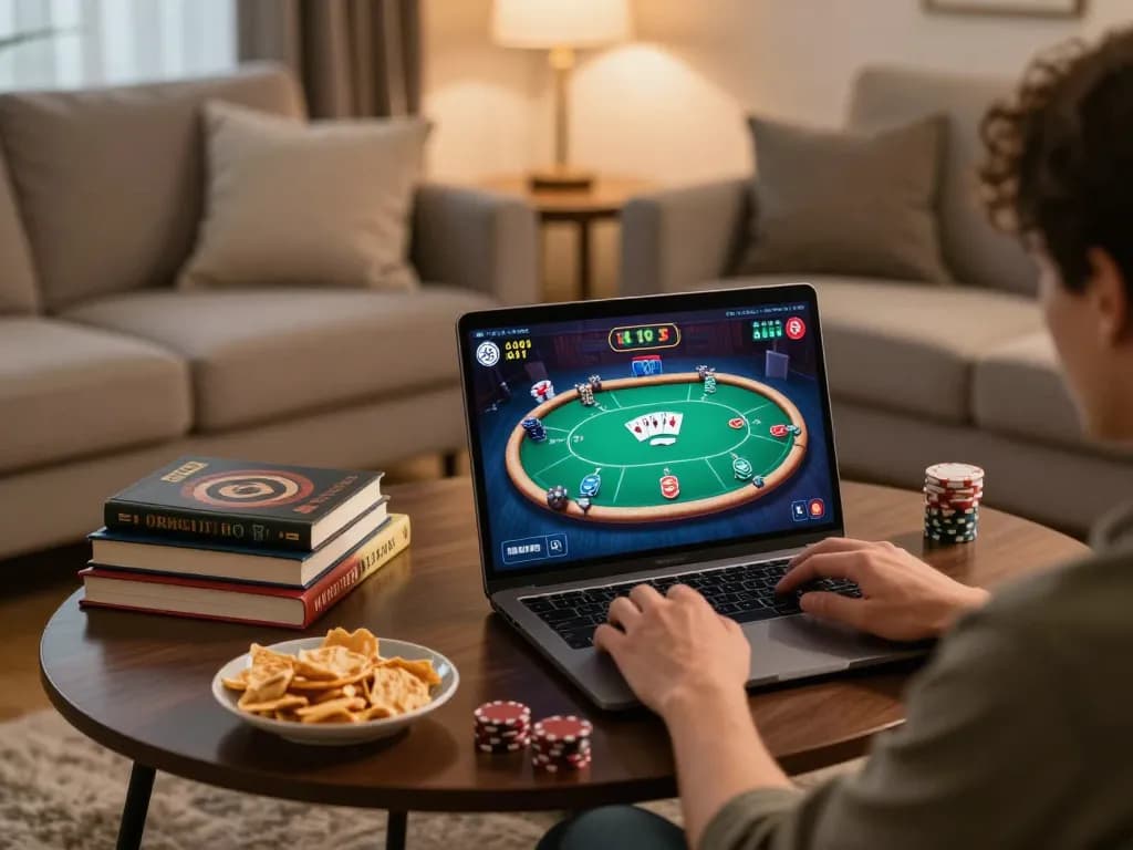 Engaging in online poker gaming on viral4d with strategies and snacks in a cozy living room setting.