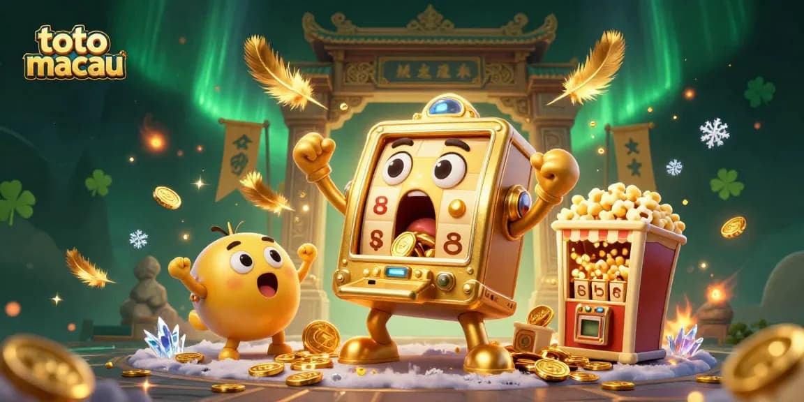Taruhan toto macau dengan mesin slot emas yang kaget saat jackpot, dikelilingi koin emas berkembang.